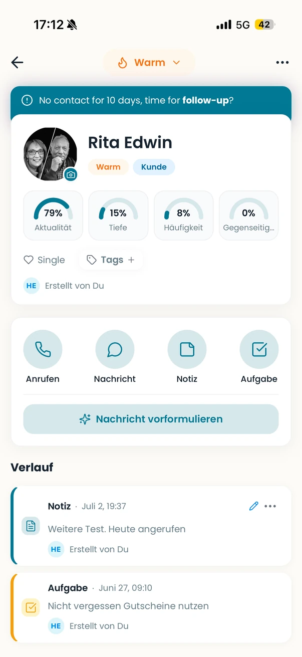 Contact view with follow-up hint and history