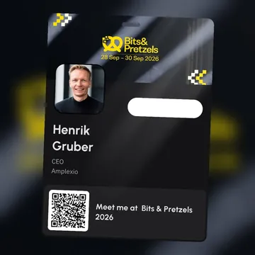 Digital badge for Henrik Gruber, Amplexio, reading “Meet me at Bits & Pretzels 2026” with a QR code